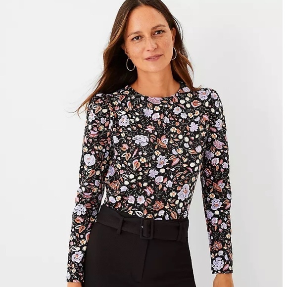 Ann Taylor Top Blouse Floral Pleated Shoulder Puff Sleeve Feminine Casual - Picture 1 of 13
